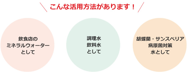 飲食店のミネラルウォーターとして・調理水・飲料水として・胡蝶蘭・サンスベリア病原菌対策水として